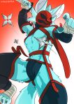 anthro arm_warmers armwear blue_body blue_fur bottomwear bulge canid canine claws clothed clothing digital_media_(artwork) fox fox_tail fur hand_wraps hi_res holding_object holding_weapon kingkapro leggings legwear male mammal mask melee_weapon ninja ninja_outfit ninja_suit pawpads ranged_weapon scabbard shinobi_(kingkapro) shuriken simple_background skimpy solo straps sword tail warrior weapon wearing_mask wraps