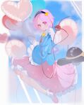  1girl balloon black_hairband blue_background blue_shirt blurry blush breasts chinese_commentary closed_mouth commentary depth_of_field eyeball eyes_visible_through_hair floral_print frilled_shirt_collar frills from_side full_body hair_between_eyes hair_ornament hairband heart heart_balloon heart_hair_ornament highres komeiji_satori long_sleeves looking_at_viewer looking_to_the_side mo_ling petticoat pink_eyes pink_hair pink_skirt shirt short_hair simple_background skirt slippers small_breasts smile solo third_eye touhou wide_sleeves 