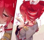  1girl black_sleeve_cuffs blush bow collared_shirt drill_hair eyelashes fanning_self flying_sweatdrops grey_shirt hair_bow highres hot kasane_teto kasane_teto_(sv) layered_sleeves long_sleeves looking_at_viewer looking_back motion_blur motion_lines multicolored_hair multiple_views nail_polish open_mouth pointy_nose red_eyes red_hair red_nails shadow shirt short_hair short_over_long_sleeves short_sleeves short_twintails shoulder_pads sleeve_cuffs streaked_hair sweat synthesizer_v torino_sasami translation_request twin_drills twintails white_background white_bow 