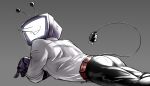  1boy absurdres ant_tenna belt black_pants clothed_robot commentary crt deltarune dementialmaiden electric_plug electric_plug_tail english_commentary grey_background highres humanoid_robot lying male_focus object_head on_stomach pants pointy_nose red_belt robot shirt signature simple_background smile solo tail white_shirt 