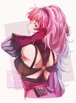  1girl back bare_shoulders breasts closed_mouth detached_sleeves dress fire_emblem fire_emblem:_three_houses from_behind gloves hairband highres hilda_valentine_goneril hilda_valentine_goneril_(timeskip) long_hair long_sleeves looking_at_viewer medium_breasts o-ring pink_dress pink_eyes pink_gloves pink_hair ponytail sideboob simple_background smile solo upper_body yutohiroya 