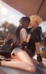  1boy 1girl 3d arm_support ass bare_legs beach beach_towel beach_umbrella bikini bikini_under_clothes black_bikini black_hair black_sailor_collar black_shirt black_shorts blonde_hair blurry blurry_background cloud_strife cloud_strife_(maritime_sailor) couple denim denim_skirt english_commentary feet_out_of_frame final_fantasy final_fantasy_vii final_fantasy_vii_ever_crisis frayed_skirt from_side grey_skirt hand_on_another&#039;s_chest hand_on_another&#039;s_head highres kiss legs long_hair low-tied_long_hair miniskirt official_alternate_costume outdoors palm_tree profile sailor_collar shirt short_sleeves shorts sitting skirt spiked_hair sreliata swimsuit tifa_lockhart tifa_lockhart_(lifeguard) towel tree umbrella white_shirt yokozuwari 