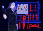  1boy black_background black_gloves black_hoodie black_pants blue_eyes chainsaw fsh887624596321 gloves hammer hashtag-only_commentary holding holding_photo honkai:_star_rail honkai_(series) hood hood_up hoodie male_focus mydei_(honkai:_star_rail) pants parted_bangs phainon_(honkai:_star_rail) photo_(object) rope short_hair sleeves_rolled_up solo white_hair yandere yaoi 