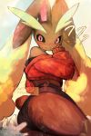  1girl ? ?? animal_ears animal_nose artist_name ass bare_shoulders black_sclera black_shorts black_sports_bra blush body_fur brown_fur colored_sclera commentary cropped_jacket dated disembodied_hand english_commentary from_behind furry furry_female hand_up high-waist_shorts highres jacket long_animal_ears long_sleeves looking_at_viewer looking_back lopunny micro_shorts off_shoulder pokemon pokemon_(creature) pov rabbit_ears rabbit_girl rabbit_tail red_eyes red_jacket short_tail shorts signature skindentation solo_focus sports_bra surprised tail thick_thighs thighs thwillartz twitter_username two-tone_fur yellow_background yellow_fur 