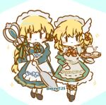  2girls akmd125 apron blonde_hair blue_dress blush bow braid breasts chibi closed_mouth cup dress fire_emblem fire_emblem:_genealogy_of_the_holy_war fire_emblem:_thracia_776 fire_emblem:_three_houses fire_emblem_heroes green_eyes grey_apron hair_ornament headdress holding holding_staff holding_tray ingrid_brandl_galatea ingrid_brandl_galatea_(cordial_teatime) long_hair long_sleeves low_ponytail lowres maid maid_apron maid_headdress multiple_girls nanna_(cordial_teatime)_(fire_emblem) nanna_(fire_emblem) official_alternate_costume ponytail smile staff teacup teapot tray white_apron wing_hair_ornament 