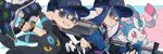  1boy 1girl alternate_color baseball_cap black_jacket black_shirt blue_eyes blue_hair blue_hat blue_jacket closed_mouth commission crossover e-liter_4k_(splatoon) fingerless_gloves gloves grey_gloves grin hat highres holding holding_weapon inkling inkling_boy inkling_girl inkling_player_character jacket long_hair looking_at_viewer multicolored_gloves multicolored_jacket pointy_ears pokemon pokemon_(creature) prat_rat purple_jacket shiny_pokemon shirt short_hair smile splatoon_(series) sylveon tentacle_hair tetra_dualies_(splatoon) umbreon watermark watermark_grid weapon yellow_gloves 