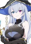  1girl black_dress black_gloves black_hat blue_eyes blush breast_zipper breasts chain cleavage crop_top dress elbow_gloves gloves grey_hair hair_ornament halloween halloween_costume hat heterochromia highres large_breasts large_hat long_hair mattyazuki neo-porte pink_eyes skindentation sleeveless smile solo staff taut_clothes taut_dress tentei_forte turtleneck underbust virtual_youtuber wand white_background witch witch_hat 