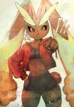  ! !! 1girl anger_vein animal_ears animal_nose artist_name belt black_sclera black_shorts black_sports_bra blush body_fur bracelet breasts brown_fur colored_sclera commentary cowboy_shot cropped_jacket dated english_commentary furrowed_brow furry furry_female hand_on_own_hip high-waist_shorts highres jacket jewelry light_blush long_animal_ears long_sleeves looking_at_viewer lopunny micro_shorts midriff navel open_mouth pointing pointing_at_viewer pokemon pokemon_(creature) rabbit_ears rabbit_girl rabbit_tail red_eyes red_jacket short_tail shorts signature small_breasts solo sports_bra standing stomach tail thick_thighs thigh_belt thigh_strap thighs thwillartz toned toned_female twitter_username two-tone_fur v-shaped_eyebrows yellow_background yellow_fur 