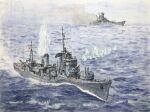 atelier_bono battleship cloud cloudy_sky commentary_request destroyer highres imperial_japanese_navy mast military_vehicle no_humans ocean original painting_(medium) rising_sun_flag sailing ship ship_turret sky smokestack sunburst traditional_media type_96_aa_gun under_fire vehicle_focus warship watercolor_(medium) watercraft yamato_(battleship) yukikaze_(destroyer) 