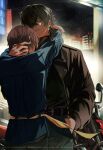  2boys arms_around_neck belt belt_buckle black_belt black_jacket black_pants black_shirt blue_jacket buckle gogo_(go2z3) green_eyes green_hair grey_hair hair_over_one_eye hand_in_another&#039;s_hair hand_in_pocket highres jacket leather leather_jacket lighter_(zenless_zone_zero) long_sleeves motor_vehicle motorcycle multiple_boys night official_alternate_costume pants shirt smile turtleneck turtleneck_shirt wise_(zenless_zone_zero) yaoi yellow_belt zenless_zone_zero 