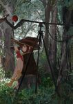  1girl absurdres binoculars brown_hair bush cape dappled_sunlight day dress forest grass hat highres holding holding_binoculars hunting kono_subarashii_sekai_ni_shukufuku_wo! koukouya landscape leaf long_sleeves looking_to_the_side megumin nature open_mouth orb outdoors red_dress red_eyes scenery short_hair short_hair_with_long_locks sky solo staff sunlight tree witch witch_hat 