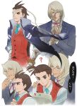  2boys ? absurdres ace_attorney apollo_justice apollo_justice:_ace_attorney aqua_necktie bandage_over_one_eye bandaged_arm bandages blonde_hair blue_eyes blue_jacket bracelet brown_eyes brown_hair collared_shirt drill_hair forked_eyebrows glasses gold_bracelet grin hand_on_another&#039;s_shoulder highres jacket jacket_on_shoulders jewelry kristoph_gavin lapel_pin male_focus medium_hair multiple_boys multiple_views necktie pants red_pants red_ribbon red_vest ribbon shirt short_hair simple_background sio2_(whynotkarma) smile vest white_background white_shirt 
