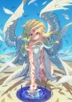  1girl absurdres angel angel_wings arm_tattoo blue_sky blurry blurry_foreground brown_eyes cloud desert dress extra_eyes facial_mark feathers flower forehead_mark galaxy green_hair hand_tattoo highres long_hair looking_at_viewer low_wings multiple_wings original outdoors parted_lips portal_(object) red_eyes sand shoulder_tattoo sky solo soono_(rlagpfl) space star_(sky) starry_sky tattoo teeth third_eye white_dress white_flower wind wings 