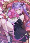  &gt;_&lt; 1girl :d alternate_costume arm_strap barbell_piercing bibi_(tokoyami_towa) black_bow black_dress black_shoes bouquet bow center-flap_bangs chair colored_inner_hair commentary_request confetti demon_girl demon_tail double-parted_bangs dress ear_piercing earclip fang gradient_hair green_eyes hair_bow hair_ornament hairclip heart heart_hair_ornament high_heels highres holding holding_bouquet hololive industrial_piercing knees_together_feet_apart knees_up long_hair looking_at_viewer multicolored_hair nametakeko on_chair piercing pink_hair pointy_ears purple_hair shoes short_dress sitting sleeveless sleeveless_dress smile solo strappy_heels tail thigh_strap tiara tilted_headwear tokoyami_towa twintails virtual_youtuber x_hair_ornament 