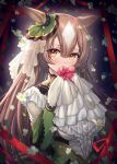  1girl animal_ears blush brown_eyes brown_hair commentary_request double-parted_bangs ear_ornament frilled_shirt frills green_jacket hair_between_eyes highres horse_ears horse_girl jacket long_hair long_sleeves looking_at_viewer mirukurim multicolored_hair partial_commentary satono_diamond_(umamusume) shirt sleeves_past_fingers sleeves_past_wrists solo umamusume very_long_hair white_shirt 