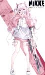  1girl absurdres alice_(nikke) alice_(sweet_home)_(nikke) animal_ear_headphones animal_ears animal_print blush character_doll charm_(object) commentary_request copyright_name doll fake_animal_ears floating_headgear full_body goddess_of_victory:_nikke grey_hair hands_on_own_face headgear headphones headset heart heart_print highres hood hood_down hoodie long_hair long_sleeves ludmilla_(nikke) official_alternate_costume pants pinjirooo pink_eyes pink_hoodie pink_sleeves puffy_sleeves rabbit_charm rabbit_print sidelocks solo standing twintails two-tone_hoodie yoga_pants zoom_layer 