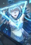  1girl absurdres animal_ears arknights black_gloves blue_cloak blue_eyes cat_ears cat_girl cloak dress fingerless_gloves furrowed_brow gloves grey_hair highres hood hood_down hooded_cloak kokodoriru long_hair open_mouth rosmontis_(arknights) sleeveless sleeveless_dress solo teeth white_dress 