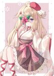 1girl ahoge blonde_hair blush bow breasts choker commission dress floral_print floral_print_kimono flower hair_flower hair_ornament hat highres japanese_clothes kimono long_hair long_sleeves looking_at_viewer one_eye_covered original print_kimono purple_eyes skeb_commission socks solo suineco very_long_hair wide_sleeves 