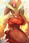  1girl ? ?? animal_ears animal_nose artist_name ass bare_shoulders black_sclera black_shorts black_sports_bra blush body_fur brown_fur colored_sclera commentary cropped_jacket dated disembodied_hand english_commentary from_behind furry furry_female hand_up high-waist_shorts highres jacket long_animal_ears long_sleeves looking_at_viewer looking_back lopunny micro_shorts off_shoulder pokemon pokemon_(creature) pov rabbit_ears rabbit_girl rabbit_tail red_eyes red_jacket short_tail shorts signature skindentation solo_focus sports_bra surprised tail thick_thighs thighs thwillartz twitter_username two-tone_fur yellow_background yellow_fur 