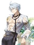 1boy abs antenna_hair armlet black_necktie black_pants blue_eyes collared_shirt hashtag-only_commentary highres honkai:_star_rail honkai_(series) jewelry long_sleeves male_focus neck_tattoo necktie official_alternate_costume pants parted_bangs pectoral_cleavage pectorals phainon_(anan)_(honkai:_star_rail) phainon_(honkai:_star_rail) see-through_clothes see-through_shirt shirt short_hair simple_background solo sun_symbol sun_tattoo tattoo toned toned_male toriumu unbuttoned unbuttoned_shirt wet wet_clothes wet_shirt white_background white_hair white_shirt 