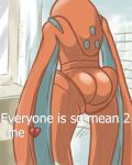 alien ambiguous_gender bathroom big_butt bubble_butt butt defense_forme_deoxys deoxys draw_over everyone_is_so_mean_to_me generation_3_pokemon humanoid legendary_pokemon looking_away meme multicolored_body nintendo pokemon pokemon_(species) red_body shower solo standing text thrussywizard two_tone_body unusual_anatomy