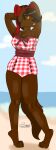 2022 absurd_res accessory anthro beach bow_ribbon brown_body brown_eyes brown_fur brown_hair canid canine canis checkered_clothing clothing colored digital_drawing_(artwork) digital_media_(artwork) female full-length_portrait fur hair hair_accessory hair_bow hair_bun hair_ribbon hi_res mammal one-piece_swimsuit pattern_clothing paws pinup pinupgirl portrait pose raised_arms ribbons sea seaside shaded smile solo swimwear water were werecanid werecanine werewolf wolf yellow_sclera zer0rebel4 