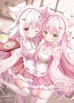  2girls animal_ear_fluff animal_ears apron blush bow cat cat_ears closed_mouth dress green_eyes hair_ornament headdress holding indoors long_hair long_sleeves looking_at_viewer multiple_girls one_eye_closed open_mouth original pink_dress pink_hair red_dress red_eyes smile thighhighs tongue tongue_out tray very_long_hair waitress white_apron white_hair white_thighhighs yuduki_pdx 