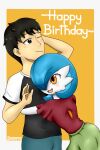 2020 2:3 :3 arms_around_waist baterco baterco_(baterco) black_eyes black_hair blue_hair blush blush_lines bottomwear clothing duo embrace english_text female gardevoir hair hair_over_eye hand_behind_head happy_birthday hi_res hug human humanoid lucinda_(baterco) mammal nintendo not_furry one_eye_closed one_eye_obstructed open_mouth orange_eyes pok&eacute;mon pok&eacute;mon_(species) romantic romantic_couple shiny_pok&eacute;mon signature simple_background skirt solo text video_games wry_smile yellow_background 