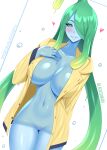  1girl arm_behind_back blacksaikou blue_skin blush breasts cleavage coat collarbone colored_sclera colored_skin commentary contrapposto cowboy_shot cropped_legs curvy dutch_angle english_commentary green_eyes green_hair green_sclera grin hair_over_one_eye hand_on_own_chest highres huge_breasts large_breasts linea_alba long_hair looking_at_viewer mole mole_under_eye monster_girl monster_musume_no_iru_nichijou naked_raincoat narrow_waist navel no_pussy open_clothes open_coat raincoat slime_girl smile solo suu_(monster_musume) tentacle_hair thigh_gap very_long_hair water_drop white_background wide_hips yellow_raincoat 