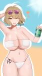  1girl absurdres ahoge anis_(nikke) anis_(sparkling_summer)_(nikke) arm_up bare_shoulders bikini blush breasts brown_hair can drink_can eyepatch_bikini eyewear_on_head g0d3n goddess_of_victory:_nikke gradient_background hair_between_eyes hair_ornament highres holding holding_can huge_breasts looking_at_viewer navel official_alternate_costume open_mouth short_hair sideboob smile soda_can solo stomach sunglasses swimsuit tinted_eyewear white_bikini yellow_eyes 