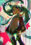 absurdres animal_print aqua_hair ben-day_dots blue_eyes cat_print cosplay hatsune_miku hatsune_miku_(cosplay) headphones highres hiiragi_kagami long_hair lucky_star miniskirt pleated_skirt puppet_art red_star screentones shade shoulder_tattoo skirt smile spring_onion standing star_(symbol) tattoo twintails zoom_layer 