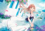  1girl :d aqua_eyes bare_shoulders basket bay bird black_vest blonde_hair blue_flower blue_sky bow breasts building cloud collarbone commentary_request day dress earrings falling_petals feet_out_of_frame floating_hair flower flower_basket french_commentary hair_flower hair_intakes hair_ornament hiten_(hitenkei) holding holding_basket house jewelry light_rays long_dress long_hair looking_at_viewer mixed-language_commentary ocean off-shoulder_dress off_shoulder open_mouth original outdoors petals pink_flower pink_petals plant purple_bow purple_flower road seagull short_sleeves sidelocks signature sky small_breasts smile solo standing stone_floor sunbeam sunlight town vest vines water white_dress wind window_shutter yellow_flower 