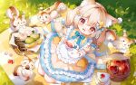  1girl :d alt_text animal_ear_fluff animal_ears apple apron artist_request bell blonde_hair blue_bow blue_bowtie blue_dress bow bowtie braid cake cake_slice chinese_commentary commentary_request cookie cup detached_sleeves dress food frilled_apron frilled_dress frills fruit full_body hair_bell hair_between_eyes hair_bow hair_ornament hairclip hanamaru_lily highres holding holding_cup holding_saucer jingle_bell layered_dress long_hair looking_at_viewer mismatched_pupils no_shoes open_mouth original picnic picnic_basket picnic_blanket plate puffy_detached_sleeves puffy_sleeves red_eyes saucer second-party_source sitting smile socks solo squirrel star-shaped_pupils star_(symbol) star_hair_ornament strawberry_cake symbol-shaped_pupils teacup twin_braids waist_apron white_apron white_socks white_wrist_cuffs wing_hair_ornament wrist_cuffs yellow_bow yellow_dress 