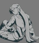  1boy absurdres arm_support belt boothill_(honkai:_star_rail) cropped_jacket cyborg grey_background greyscale hair_over_one_eye highres honkai:_star_rail honkai_(series) jacket long_hair looking_back male_focus monochrome mrsw0911 multiple_belts one_eye_covered pants parted_lips simple_background sitting sleeve_cuffs solo star_(symbol) thigh_belt thigh_strap very_long_hair 