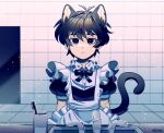  1boy absurdres alternate_costume animal_ears artist_name bathroom black_eyes black_hair cat_ears cat_tail closed_mouth enmaided expressionless fake_animal_ears fake_tail faucet highres indoors looking_at_mirror maid mirror omori puffy_short_sleeves puffy_sleeves remi_(mozzaremi) short_hair short_sleeves sink solo sunny_(omori) tail toothbrush 