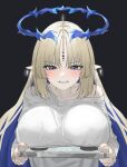  1girl blonde_hair blue_hair blush breasts colored_inner_hair commentary crown_of_thorns dark_background denare_(ysry2252) earrings fleurdelys_(wuthering_waves) floating_earrings highres holding holding_tablet_pc horns huge_breasts jewelry long_hair long_sleeves looking_at_viewer multicolored_hair parted_bangs parted_lips pointy_ears shirt sidelocks single_horn single_off_shoulder solo tablet_pc tacet_mark_(wuthering_waves) upper_body very_long_hair white_shirt wuthering_waves yellow_horns 