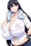  1girl absurdres arato_nagi belt black_hair blue_pants bra bra_visible_through_clothes breasts bursting_breasts cleavage collarbone collared_shirt commentary_request curvy denim ear_piercing earrings gigantic_breasts hair_between_eyes highres holding holding_shovel jeans jewelry long_hair looking_at_viewer navel open_mouth pants piercing purple_bra purple_eyes ruri_no_houseki see-through_clothes see-through_shirt shirt shovel solo stud_earrings towel tsukasawa_takamatsu unbuttoned underwear white_background white_shirt 