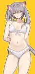  :3 animal_ear_fluff animal_ears armpit_crease arms_behind_back bikini breasts cat_ears cat_girl cat_tail closed_mouth collarbone commentary contrapposto cowboy_shot english_commentary extra_ears frilled_bikini_bottom frilled_bikini_top front-tie_bikini_top front-tie_top go!_go!_gris! grey_hair grey_tail hair_between_eyes hair_intakes hair_over_shoulder highres long_hair looking_at_viewer navel oro_(aaaoro) outline simple_background small_breasts split_mouth standing stomach swimsuit tail thick_outlines tsurime twintails viska_(go!_go!_gris!) white_bikini white_outline yellow_background yellow_eyes 