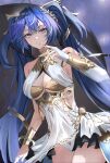  1girl absurdres ahoge ancient_greek_clothes bare_shoulders bell black_skirt blue_eyes blue_hair breasts bridal_gauntlets cleavage commentary cowboy_shot gold_bra greco-roman_clothes hair_bell hair_ornament halterneck hand_up head_wreath highres iuno_(wuthering_waves) light_smile long_hair looking_at_viewer medium_breasts miniskirt multicolored_hair parted_lips rin0_(gujrv) showgirl_skirt skirt solo streaked_hair thighs twintails underboob very_long_hair white_bridal_gauntlets wuthering_waves 