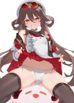  1girl absurdres black_thighhighs boo_tao_(genshin_impact) brown_hair brown_scarf cameltoe chinese_clothes clothes_lift dress eyewear_on_head flower-shaped_pupils genshin_impact ghost hair_between_eyes hair_rings hat highres hu_tao_(cherries_snow-laden)_(genshin_impact) hu_tao_(genshin_impact) lifting_own_clothes long_hair long_sleeves looking_at_viewer nbee_ya official_alternate_costume panties red-tinted_eyewear red_eyes red_goggles red_nails red_skirt round_eyewear scarf side-tie_panties skirt skirt_lift smile solo sunglasses symbol-shaped_pupils teeth thighhighs tinted_eyewear twintails underwear white_hat white_panties yellow-framed_eyewear 