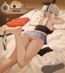  1girl ass back bare_arms bare_legs bare_shoulders barefoot bed black_shirt blue_skirt breasts brown_eyes camisole closed_mouth commission crop_top dangling feet from_behind grey_hair hair_ribbon hair_rings highres large_breasts leg_up long_hair looking_at_viewer looking_back lying median_furrow midriff miniskirt oc_(jmgsjh) on_bed on_stomach original panties panties_around_toe pillow pleated_skirt ribbon second-party_source shant_07 shirt shoes sideboob skirt sleeveless sleeveless_shirt socks soles solo spaghetti_strap thighs toes underwear unworn_shoes unworn_socks white_panties 