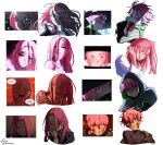  1girl absurdres aiming alien_stage black_cloak black_gloves black_shirt blood blood_on_face cloak comic_panel_inset commentary crying english_commentary gloves gun highres holding holding_gun holding_microphone holding_weapon hood hood_up hooded_cloak kuradrawings long_hair microphone mizi_(alien_stage) multiple_views outstretched_hand pink_hair screenshot_inset shirt short_hair signature smile turtleneck turtleneck_shirt very_short_hair weapon 