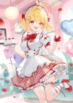  1girl ahoge ancotaku balloon birthday birthday_cake blonde_hair blush bow bowtie breasts cake cake_slice clock copyright_name cowboy_shot dress food fork frilled_thigh_strap frilled_wrist_cuffs frills fruit halo highres hinata_mashu holding holding_cake holding_food holding_fork holding_plate large_breasts leg_up looking_at_viewer nanashi_inc. open_mouth orange_eyes petals plate puffy_short_sleeves puffy_sleeves red_ribbon red_shoes ribbon shoes shop short_hair short_sleeves short_twintails skirt smile solo standing standing_on_one_leg strawberry strawberry_cake taut_clothes teeth thigh_strap tray twintails upper_teeth_only virtual_youtuber waitress wrist_cuffs 