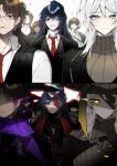  2boys 4girls absurdres black_eyes blue_eyes brown_eyes brown_hair cherry_oux conical_hat faust_(project_moon) glasses glowing glowing_eyes gregor_(project_moon) heishou_pack-mao_branch_(identity)_(project_moon) heishou_pack-si_branch_(identity)_(project_moon) heterochromia highres hong_lu_(project_moon) limbus_company multiple_boys multiple_girls necktie one_eye_covered outis_(project_moon) ponytail project_moon purple_eyes red_necktie rodion_(project_moon) ryoshu_(project_moon) shirt smile turtleneck white_shirt yellow_eyes 