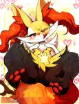  1girl :&gt; animal_collar animal_ear_fluff animal_ears animal_feet animal_hands animal_nose artist_name black_fur blonde_hair blush body_fur border bow braid braixen breasts claws closed_mouth collar colored_tips commentary disembodied_hand english_commentary eyes_visible_through_hair feet fox_ears fox_girl fox_tail from_above full_body furry furry_female hair_bow hair_over_one_eye half-closed_eyes hand_on_another&#039;s_stomach hands_on_own_chest hands_up happy heart heart_background highres legs_up looking_at_viewer lying motion_lines multicolored_fur multicolored_hair neck_fur no_pussy on_back outside_border pawpads petting pokemon pokemon_(creature) red_bow red_eyes red_hair short_hair signature single_braid small_breasts smile soles solo_focus split_mouth spread_legs stick tail thick_thighs thighs thwillartz toes twitter_username two-tone_hair white_border white_fur yellow_background yellow_fur 