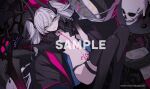 1girl animal artist_name black_boots black_cloak black_hands black_horns black_nails black_snake boots breasts breasts_apart candle candy chest_tattoo circle_name cloak colored_extremities commentary_request crossed_bangs demon_girl demon_horns eyelashes fate/grand_order fate_(series) fingernails fire food green_eyes grin groin hair_between_eyes highres holding holding_candy holding_food holding_lollipop horns huge_weapon lilith_(fate) lilith_(second_ascension)_(fate) lollipop long_fingernails lying merchandise_available navel no_pants no_shirt offering_hand outstretched_hand oyaji_hime pink_tattoo pointy_ears pubic_tattoo purple_fire revealing_clothes sample_watermark scissors second-party_source sharp_fingernails skull slit_pupils small_breasts smile snake solo stomach tattoo tattoo_between_breasts thigh_boots thigh_strap twintails watermark weapon white_hair 