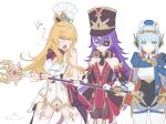  3girls ahoge android apron bare_shoulders blonde_hair blue_cape blue_eyes blue_hair breasts cape chef_hat chevreuse_(genshin_impact) detached_sleeves earmuffs earmuffs_around_neck escoffier_(genshin_impact) eyepatch genshin_impact hat highres holding ineffa_(genshin_impact) joints long_hair mechanical_arms mechanical_legs multicolored_hair multiple_girls pointy_hair puffy_detached_sleeves puffy_sleeves pumu_(pumu_co29) purple_eyes purple_hair robot_ears robot_joints shako_cap short_hair sidelocks streaked_hair toque_blanche two-tone_hair white_hair white_hat 