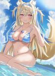  1girl absurdres alternate_costume animal_ear_fluff animal_ears armpits bandaid bandaid_hair_ornament bare_shoulders bikini blonde_hair blue_hair blue_nails blue_sky blush breasts cleavage closed_mouth collarbone commentary dog_ears dog_girl dog_tail fuwawa_abyssgard hair_ornament hairclip highres hololive hololive_english horn_hairband jewelry large_breasts long_hair multicolored_hair navel necklace parallel_hairclips pink_eyes revision sky smile solo stomach striped_bikini striped_clothes swimsuit tail very_long_hair virtual_youtuber wet winvita 