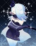  1girl bare_shoulders black_background black_dress black_gloves blue_background blue_hair blue_pantyhose cowboy_shot dress elbow_gloves glint gloves gradient_background hair_over_one_eye highres jewelry mask medium_hair mouth_mask necklace octoling official_alternate_costume pantyhose red_eyes ribonhaato see-through_clothes see-through_shawl shawl shiver_(frostyfest)_(splatoon) shiver_(splatoon) solo sparkle splatoon_(series) splatoon_3 strapless strapless_dress tentacle_hair two-tone_background 