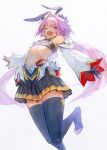  1boy astolfo_(fate) black_bow blush bow detached_sleeves fang fate/apocrypha fate/grand_order fate_(series) hair_intakes highres long_hair male_focus multicolored_hair open_mouth otoko_no_ko pink_hair pleated_skirt purple_eyes simple_background skin_fang skirt smile solo streaked_hair waterstaring white_background 